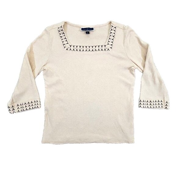 Karen Scott Embellished Square Neck Sweater Small Taupe Long Sleeve Old Money - Picture 1 of 16